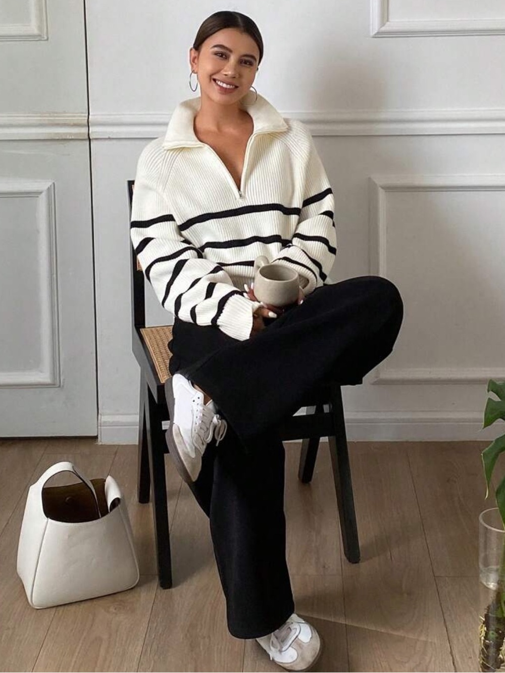Striped Half-Zip V-Neck Sweater - White/Black